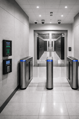 secure colocation facility entrance with biometric access control and surveillance monitoring