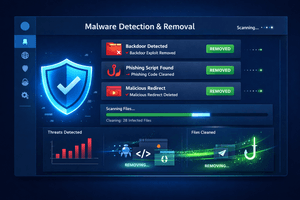 Website malware removal dashboard detecting backdoors, phishing injections, and malicious code in real time.
