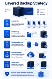 Layered VPS backup strategy including snapshots database backups offsite storage and replication