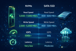 NVMe vs SSD storage performance comparison for WordPress hosting