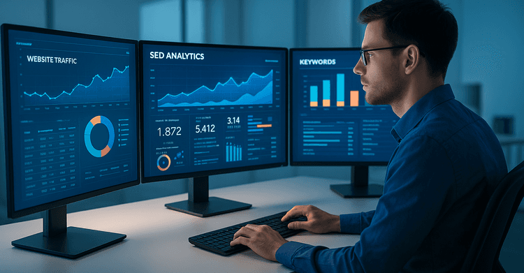 Marketer analyzing SEO data dashboards to improve website rankings using analytics