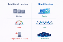 Cloud hosting vs traditional hosting comparison showing scalability, performance and reliability differences