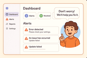 A friendly, modern dashboard with helper tooltips or an onboarding assistant guiding a beginner through alerts. Show a character (mascot or avatar) explaining alerts with simple language (e.g., “Don’t worry! We’ll help you fix it.”). Style: Warm, beginner-friendly, cartoon-accented tech UI with clarity-focused layout and no clutter.
