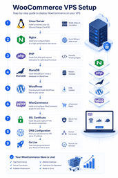WooCommerce VPS installation workflow showing Linux Nginx PHP MariaDB WordPress SSL and DNS configuration