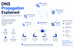 DNS propagation guide showing domain changes nameservers recursive resolvers DNS cache and global network updates