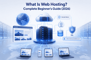 What is web hosting beginner guide showing domain DNS hosting server and website infrastructure
