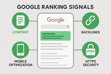 “Infographic displaying Google ranking signals — Content, Backlinks, Mobile Optimization, HTTPS Security highlighted in g