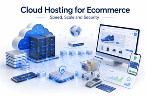 Cloud hosting infrastructure powering a high-performance ecommerce website with scalable cloud servers, CDN, NVMe SSD storage, and secure online shopping.