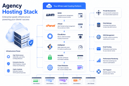 Agency hosting technology stack showing WHM cPanel CloudLinux LiteSpeed AutoSSL and client websites