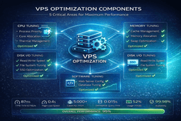 VPS optimization components including CPU RAM storage network and software tuning