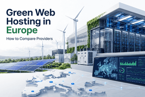 Green web hosting in Europe showing renewable energy powered data centers and sustainable cloud infrastructure