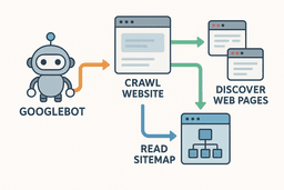 “Infographic showing Googlebot crawling websites, following links, reading sitemaps, and discovering web pages, flat design, labeled arrows, clear educational diagram”