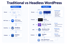 Comparison of traditional WordPress architecture and headless WordPress using REST API GraphQL and Next.js