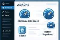 “WordPress dashboard showing LSCache plugin interface optimizing site speed. Visual elements include glowing speed meters,