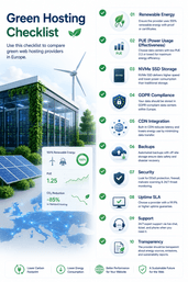 Checklist for comparing green web hosting providers using renewable energy PUE NVMe GDPR security and uptime