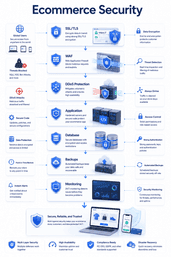 Layered ecommerce cloud hosting security including SSL, WAF, DDoS protection, backups, and monitoring.