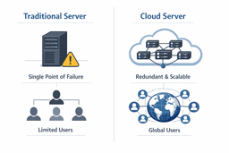 cloud server vs traditional server diagram showing distributed cloud hosting vs single physical server