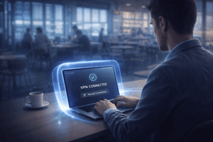 SecureVPN protecting user on public Wi-Fi from hackers and cyberattacks in cafes and airports.