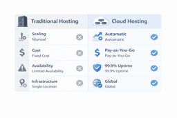 cloud hosting vs traditional server comparison infographic showing scalability cost and availability differences