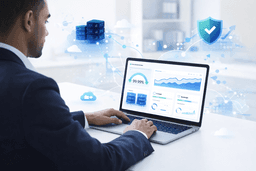 business owner using cloud hosting platform on laptop for website management and growth