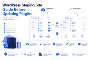 WordPress staging site guide showing safe plugin testing deployment workflow backups and website maintenance