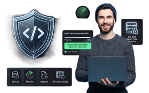 WordPress backup service with automatic daily backups, one-click restore, and real-time file monitoring for website security