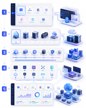 Enterprise AI deployment workflow showing application selection, infrastructure provisioning, automated deployment, API integration, and scalable AI infrastructure.