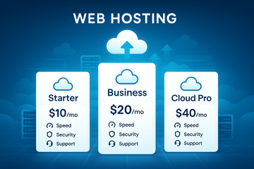 A modern web hosting concept image showing multiple pricing plan cards or tier boxes (Starter, Business, Cloud Pro) arranged