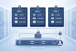 VPS hosting environment with isolated virtual servers and dedicated CPU RAM storage resources
