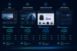 Comparison of website speed expectations for blogs, business sites, WooCommerce stores, and SaaS platforms