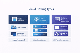 cloud hosting types diagram showing static website cms hosting and custom web application deployment