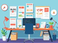 Workspace with blog posts, infographics, and social media content illustrating free content marketing strategies to promote a website.