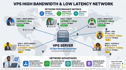 VPS hosting network showing high bandwidth and low latency for global website performance
Type: Network flow / global map visualization