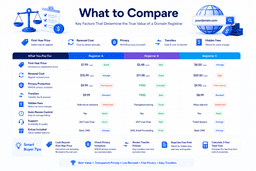 Domain registrar pricing comparison showing registration renewal privacy transfer fees and long term costs