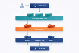 Cloud architecture flow diagram showing load balancer, application servers, database and caching layers