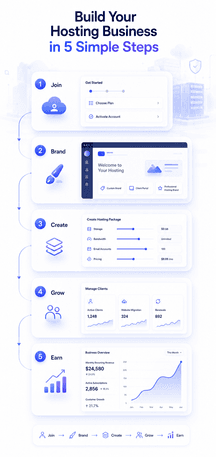 Workflow illustration showing how the Cloudoora Reseller Program helps businesses launch a white label hosting business through five steps: join, brand, create hosting packages, manage clients, and earn recurring revenue.