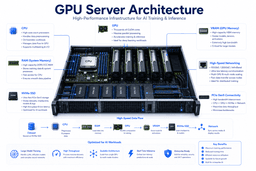 GPU server architecture showing CPU GPU VRAM RAM NVMe SSD networking and AI training components