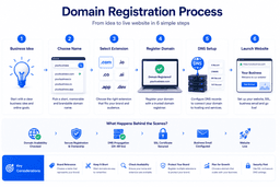 Domain registration process showing business name selection domain extension DNS setup SSL and website launch