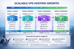 scalable VPS hosting showing increasing CPU RAM storage and bandwidth as traffic grows
Type: Growth/scale infographic