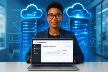 Entrepreneur launching a white-label hosting business with Cloudoora’s cloud-powered reseller platform in a modern tech environment.