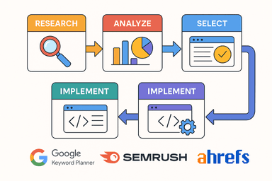 Flowchart showing the keyword research process: Research → Analyze → Select → Implement → Track. Include icons for to