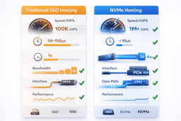 NVMe versus SSD hosting comparison infographic showing speed, latency, IOPS, and performance differences for web hosting