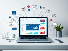 Digital workspace showing website analytics, organic traffic growth, and SEO dashboards, with icons for social media, email, content marketing, and online communities, illustrating free website promotion strategies in 2025.