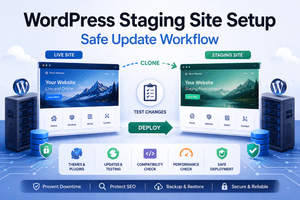 WordPress staging site setup showing a safe workflow between staging and live production websites