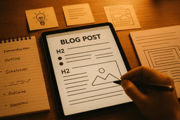 Content writer structuring an SEO-optimized blog post with headings and visuals