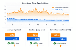 NVMe hosting performance graph showing faster page load times and lower latency compared to traditional SSD hosting over 24 hours